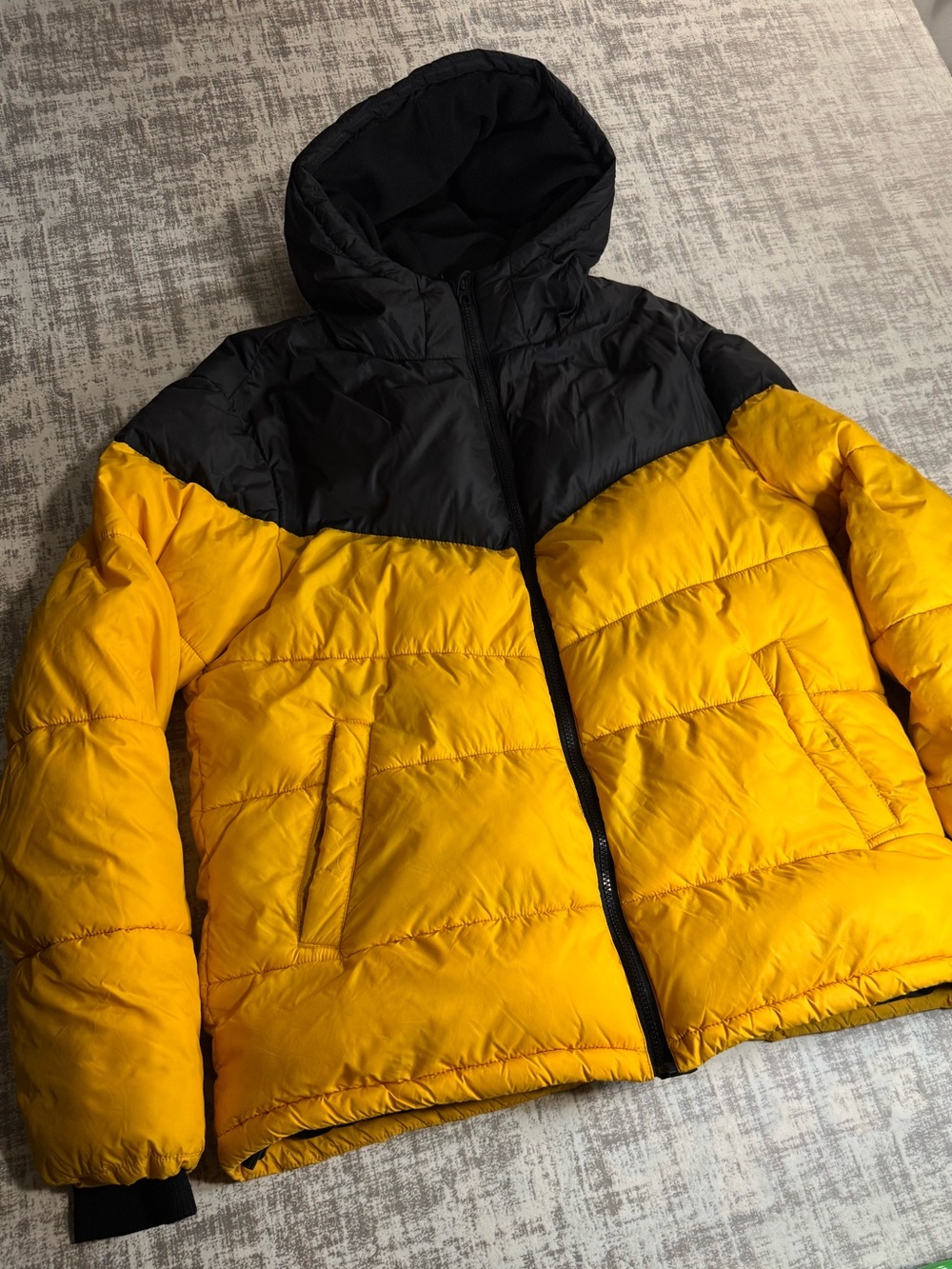 H&M Kids Colorblock Hooded Puffer Jacket in Yellow & Black